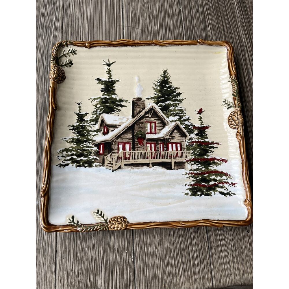 St. Nicholas Square “Snow Valley” Square Plate 10.5" Snowy Cabin Pine Tree - Picture 4 of 6